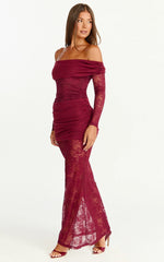 Juliet Maxi Dress - Off Shoulder Long Sleeve Ruched Overlay Lace Dress in Wine