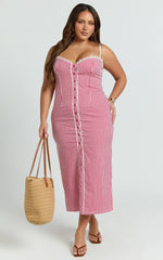 Anessa Midi Dress - Button Front Bustier Fitted Dress in Red Gingham