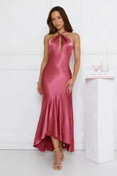 Silken Affair Halter Satin Maxi Dress Rose