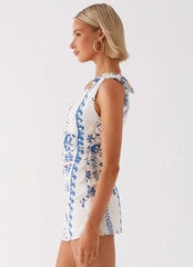 Amazonia Linen Mini Dress - Floral Wave