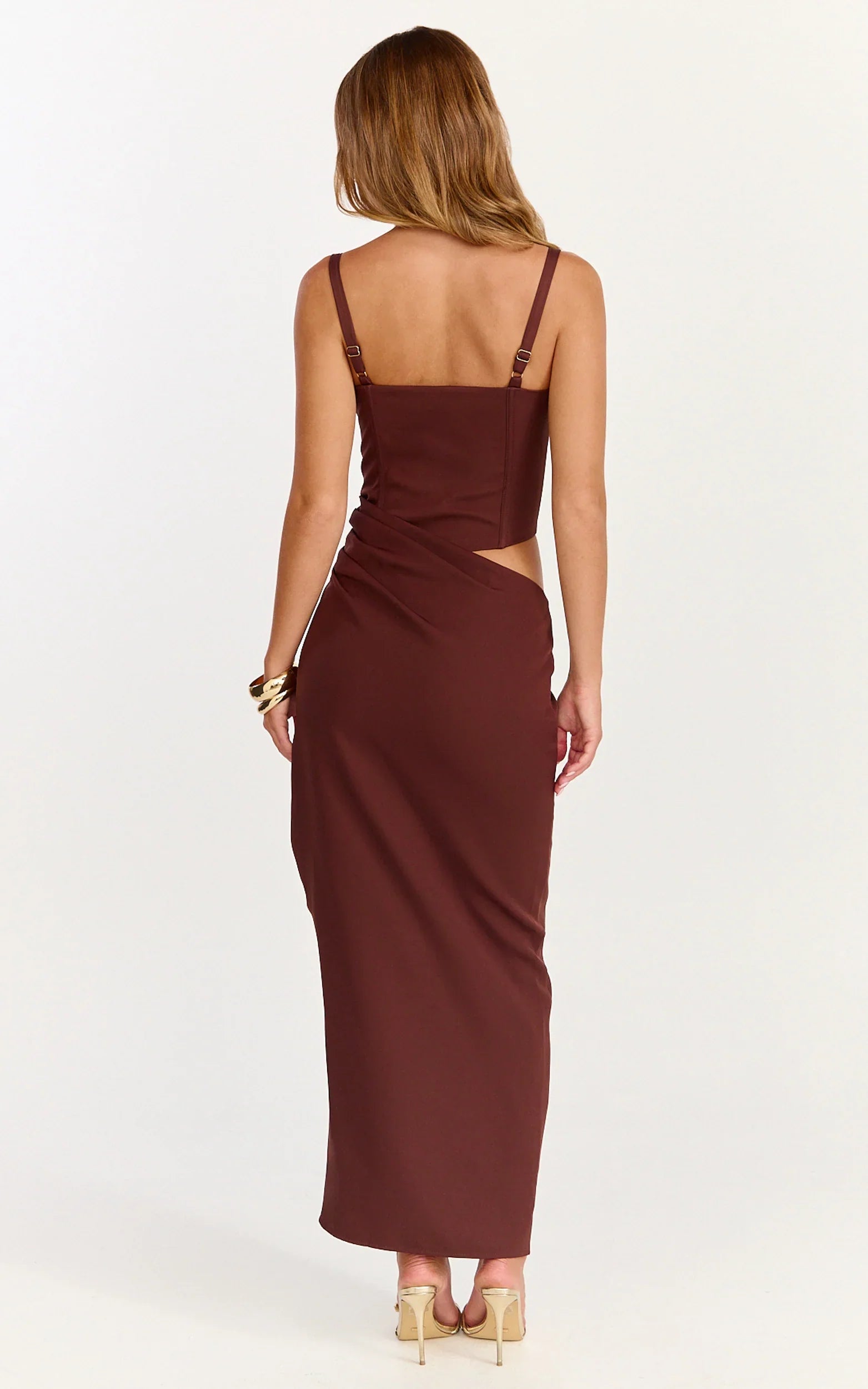 Jonas Maxi Dress - Strapless Corset Bodice Draped Waist Skirt Dress in Chocolate