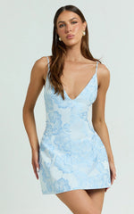 Gianni Mini Dress - Plunge A Line Low Back Dress in Light Blue