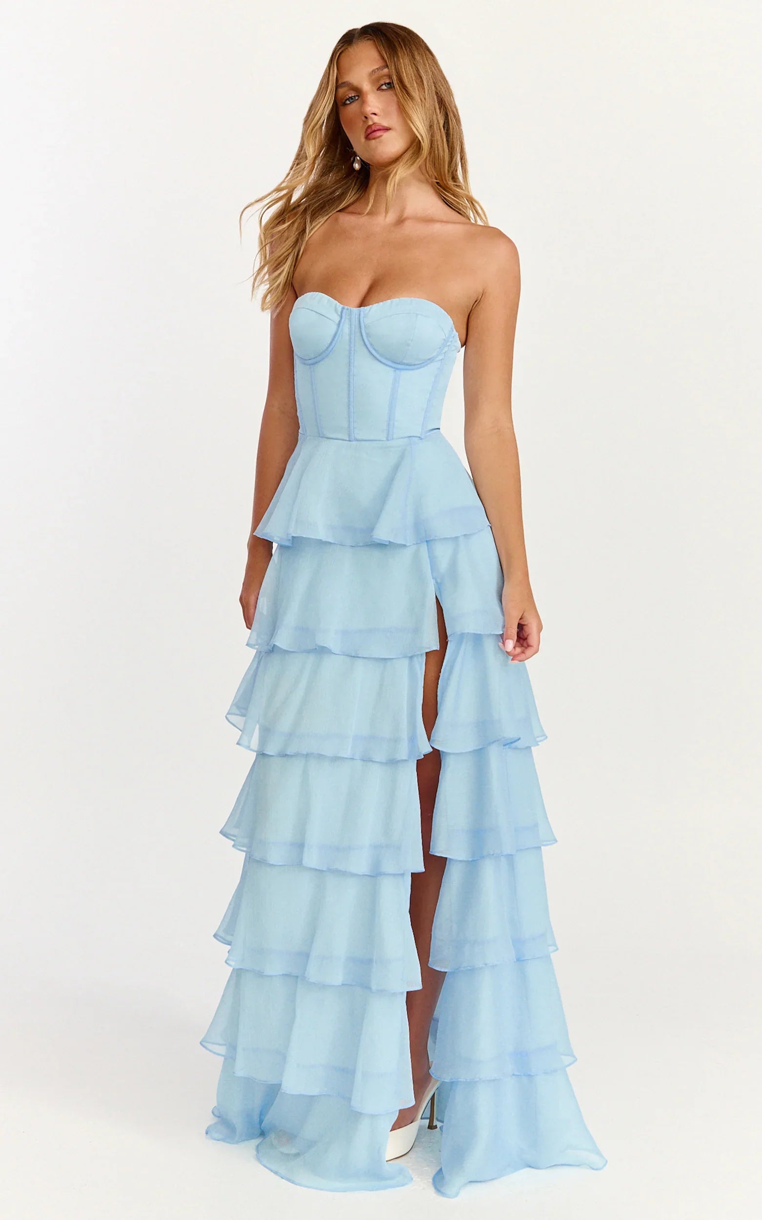 Bella Maxi Dress - Strapless Corset Bodice Lace Up Back Tiered Ruffle Dress in Soft Blue