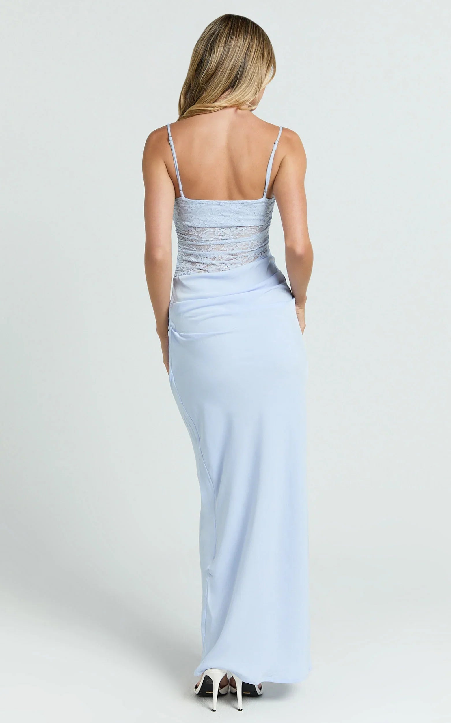 Rania Maxi Dress - Contrast Lace Bodice Bias Cowl Drop Waist Dress in Soft Blue