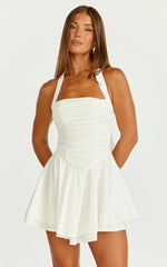 Anya Mini Dress - Halter Neck Gathered Top Drop Waist Fit And Flare Dress in White