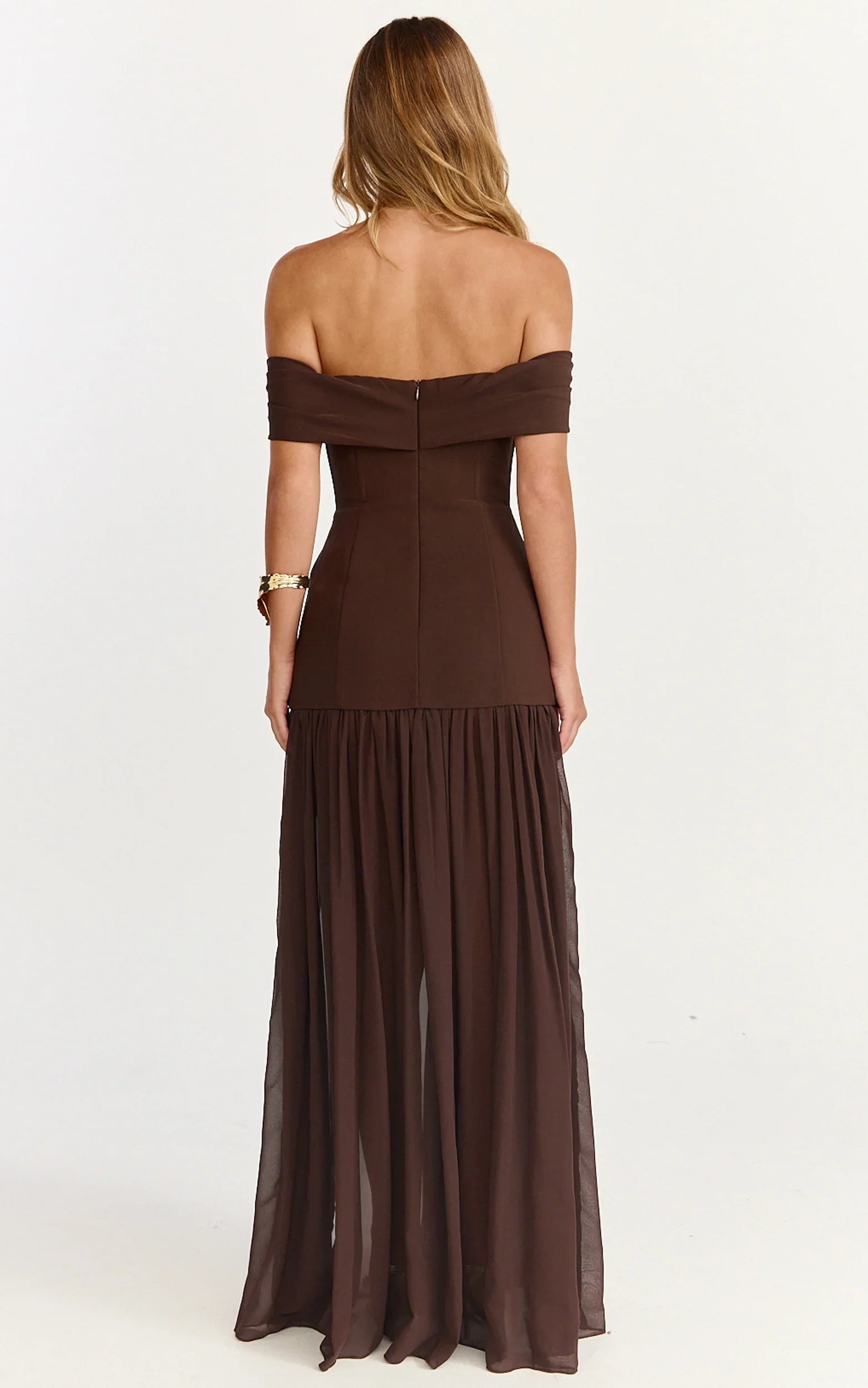 Florence Maxi Dress - Off Shoulder Sheer Skirt Dress in Chocolate