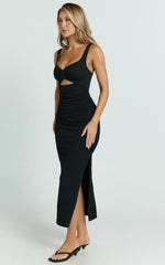 Bianca Midi Dress - Twist Front Cut Out Ruched Dress in Black