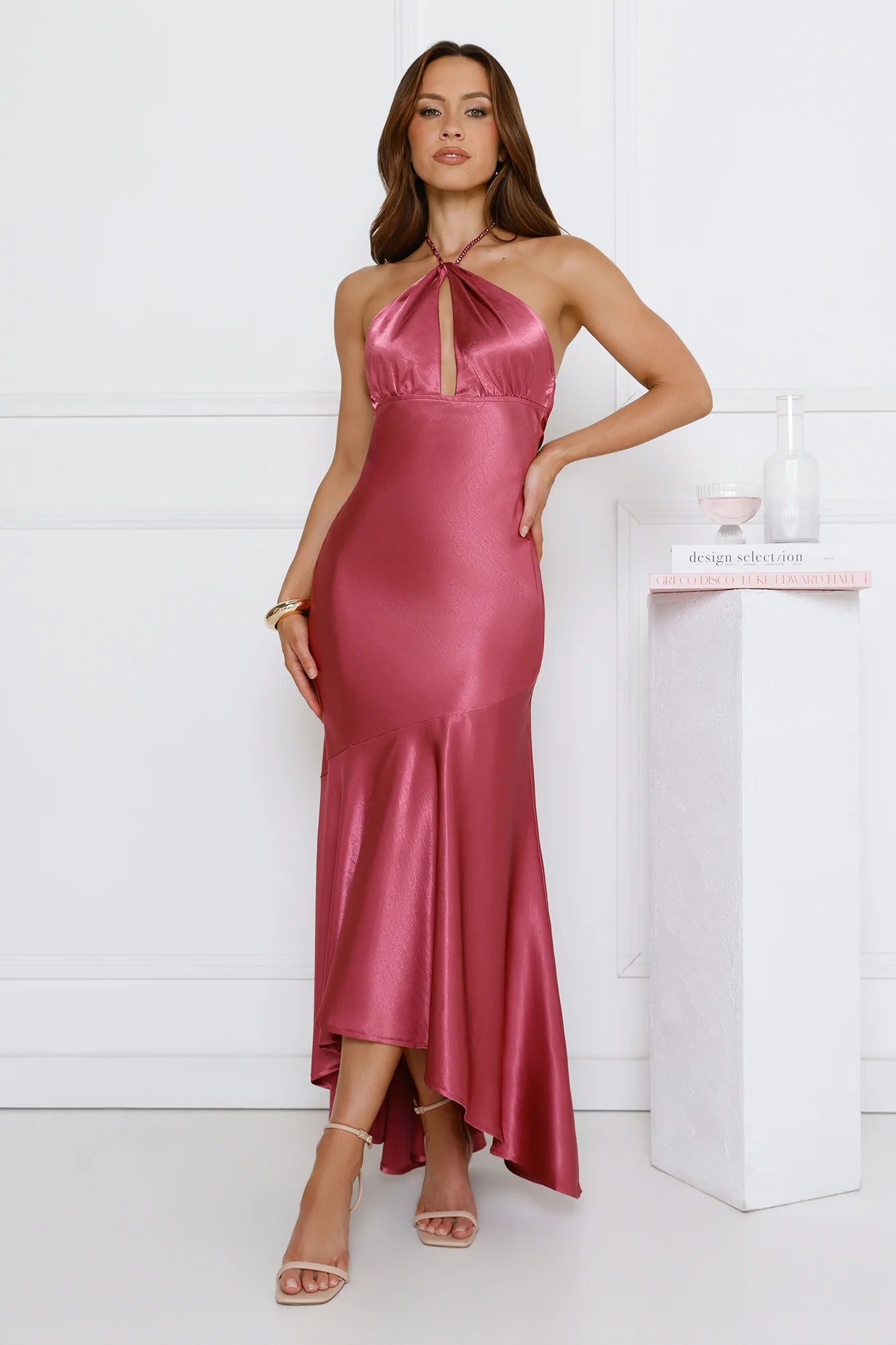 Silken Affair Halter Satin Maxi Dress Rose