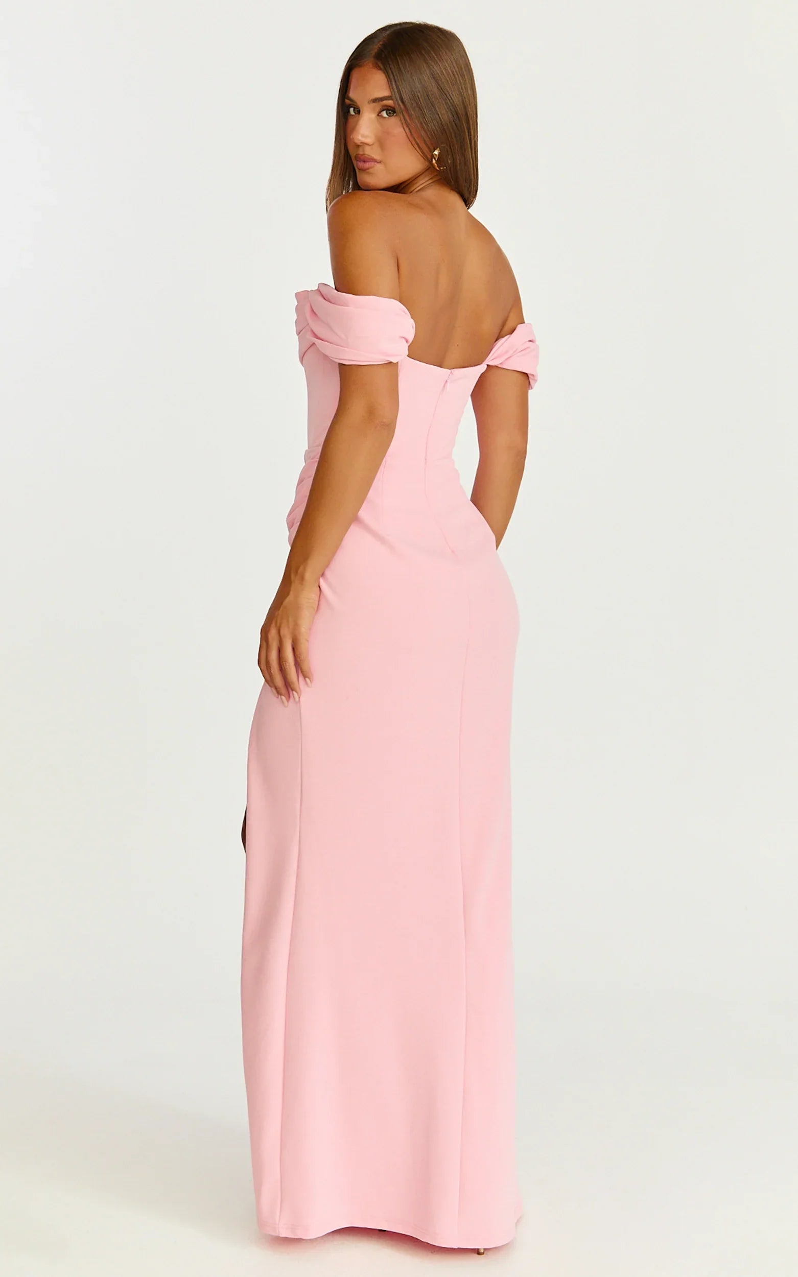 Marcel Maxi Dress - Off Shoulder Corset High Split Dress in Pink
