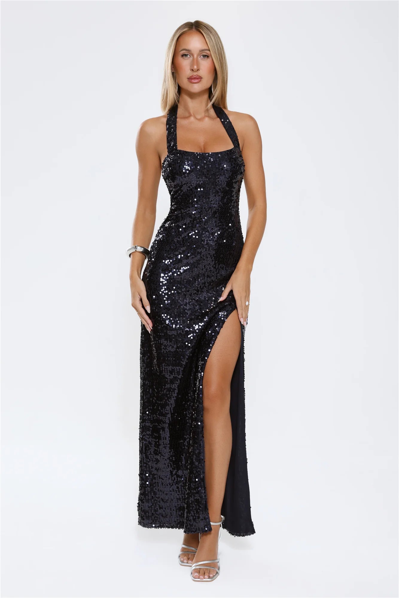 Sparked Up Sequin Halter Maxi Dress Navy
