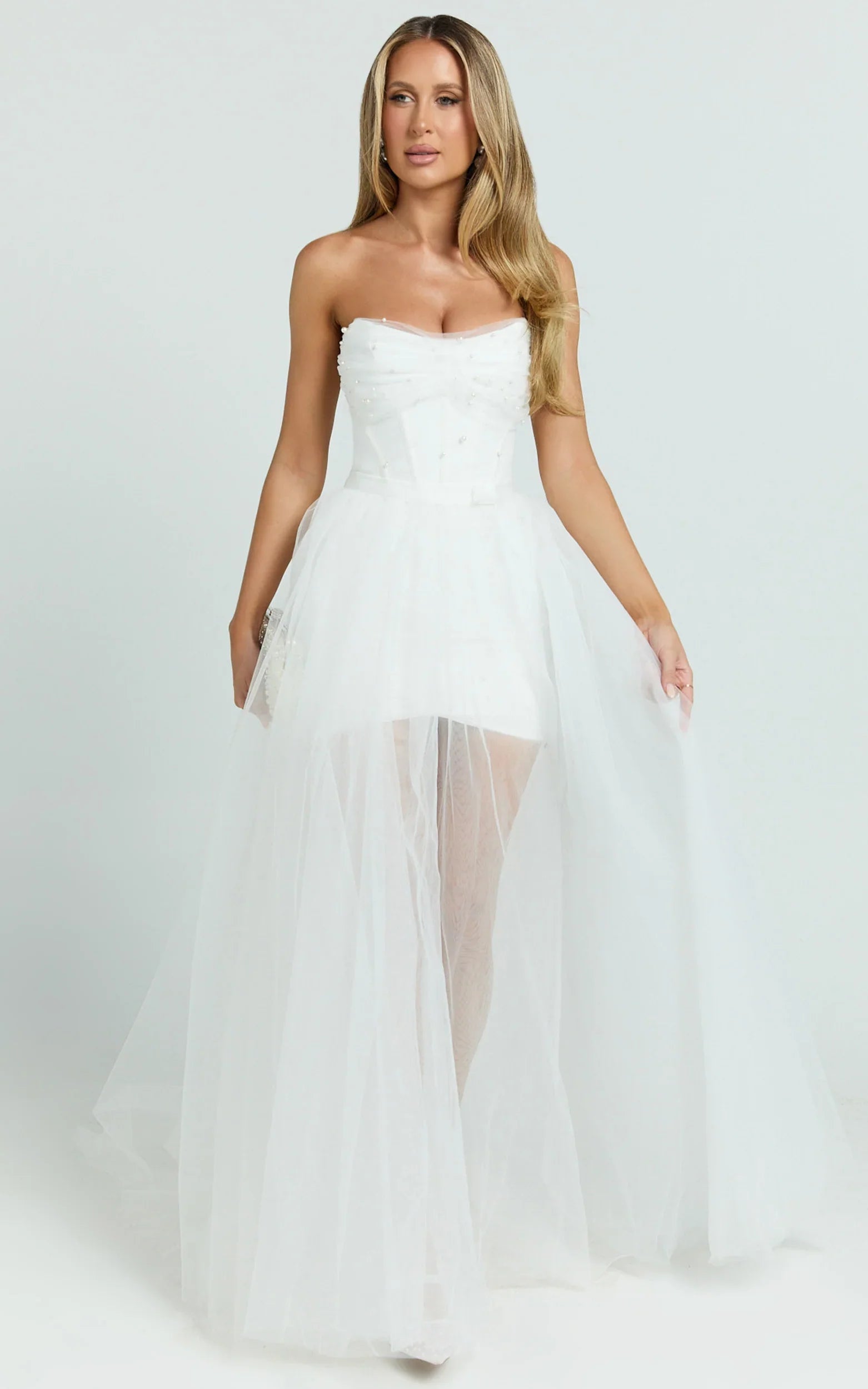 Kelsey Mini Dress - Beaded Strapless Corset Panel Dress with Detachable Tulle Skirt in White