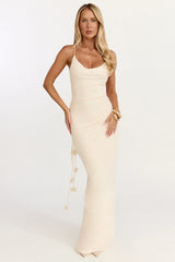 Penny Maxi Dress - Draped Cowl Neck 3D Flower Dress in Cream