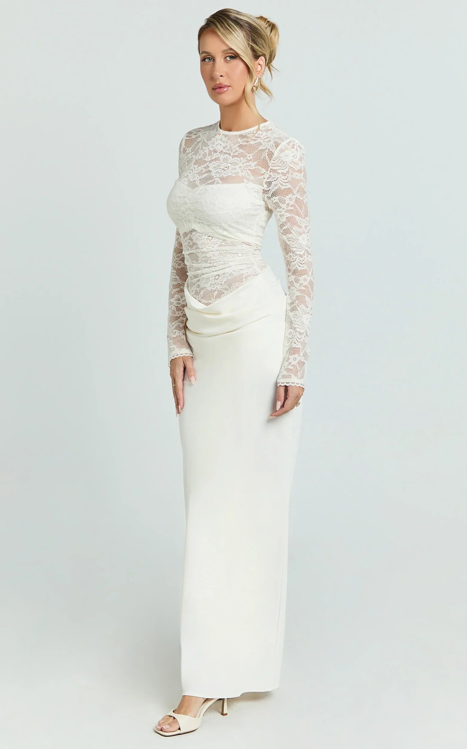 Crisanta Maxi Dress - Long Sleeve Contrast Lace Bodycon Dress in Ivory