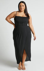 Andrina Midi Dress - High Low Wrap Corset Dress in Black
