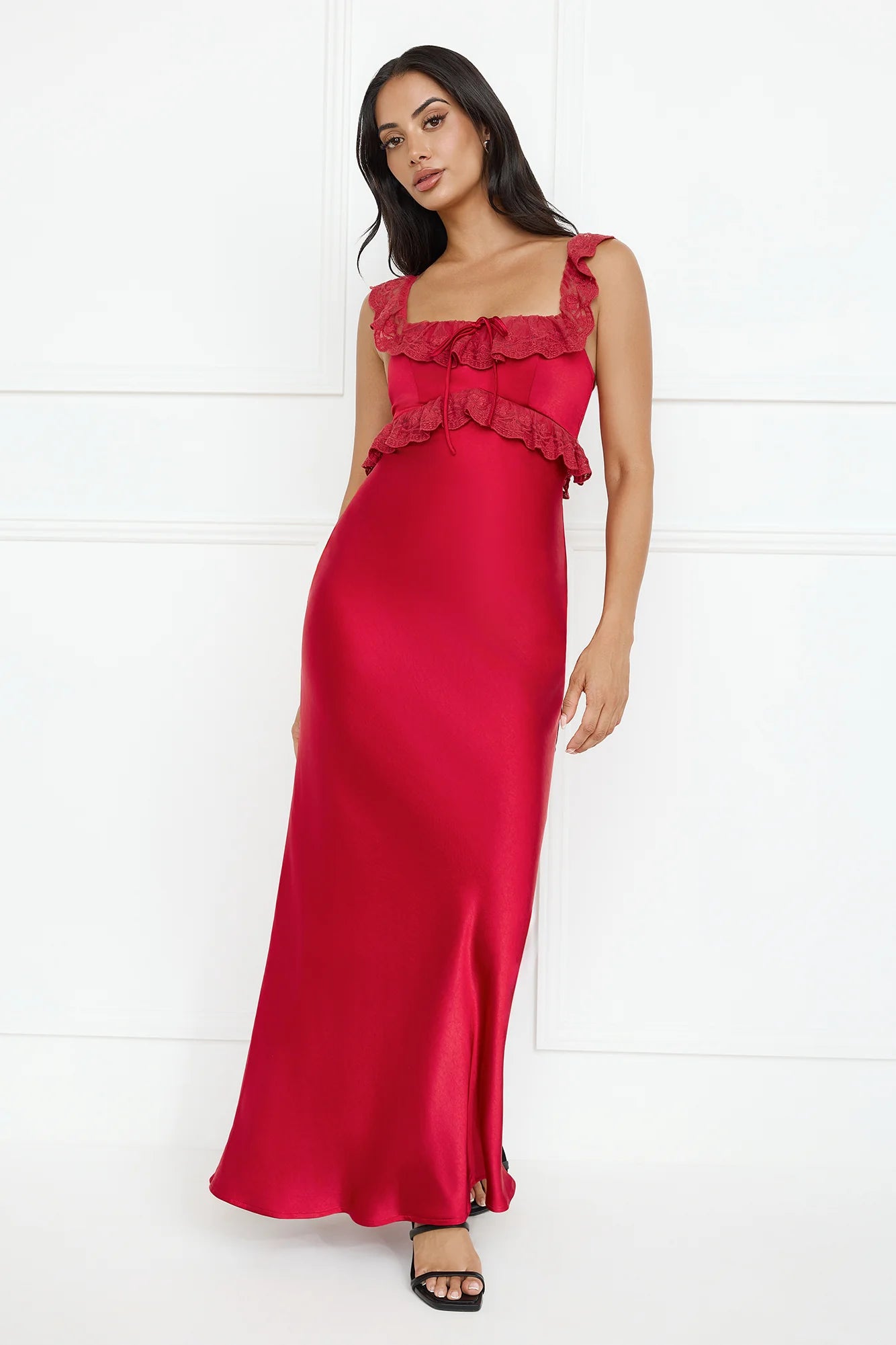 Waltzing In Romance Satin Maxi Dress Red