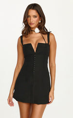 Odette Mini Dress - Plunge V Neck A Line Dress in Black