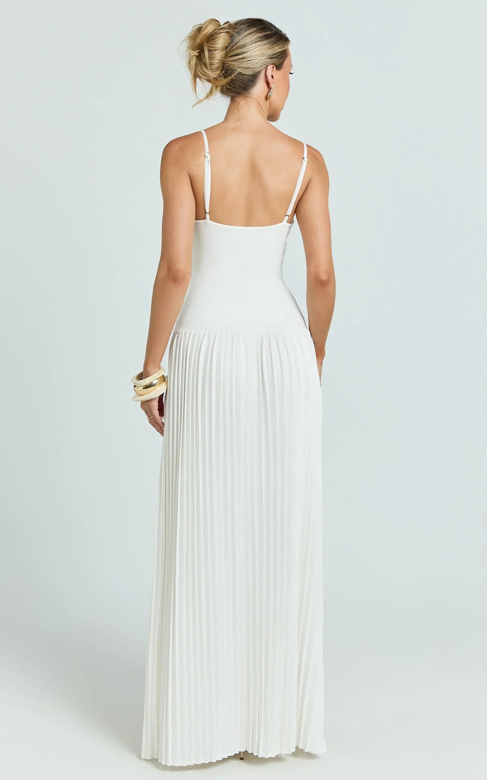 Hathaway Maxi Dress - U Shaped Neck Pleated Dress in Ivory
