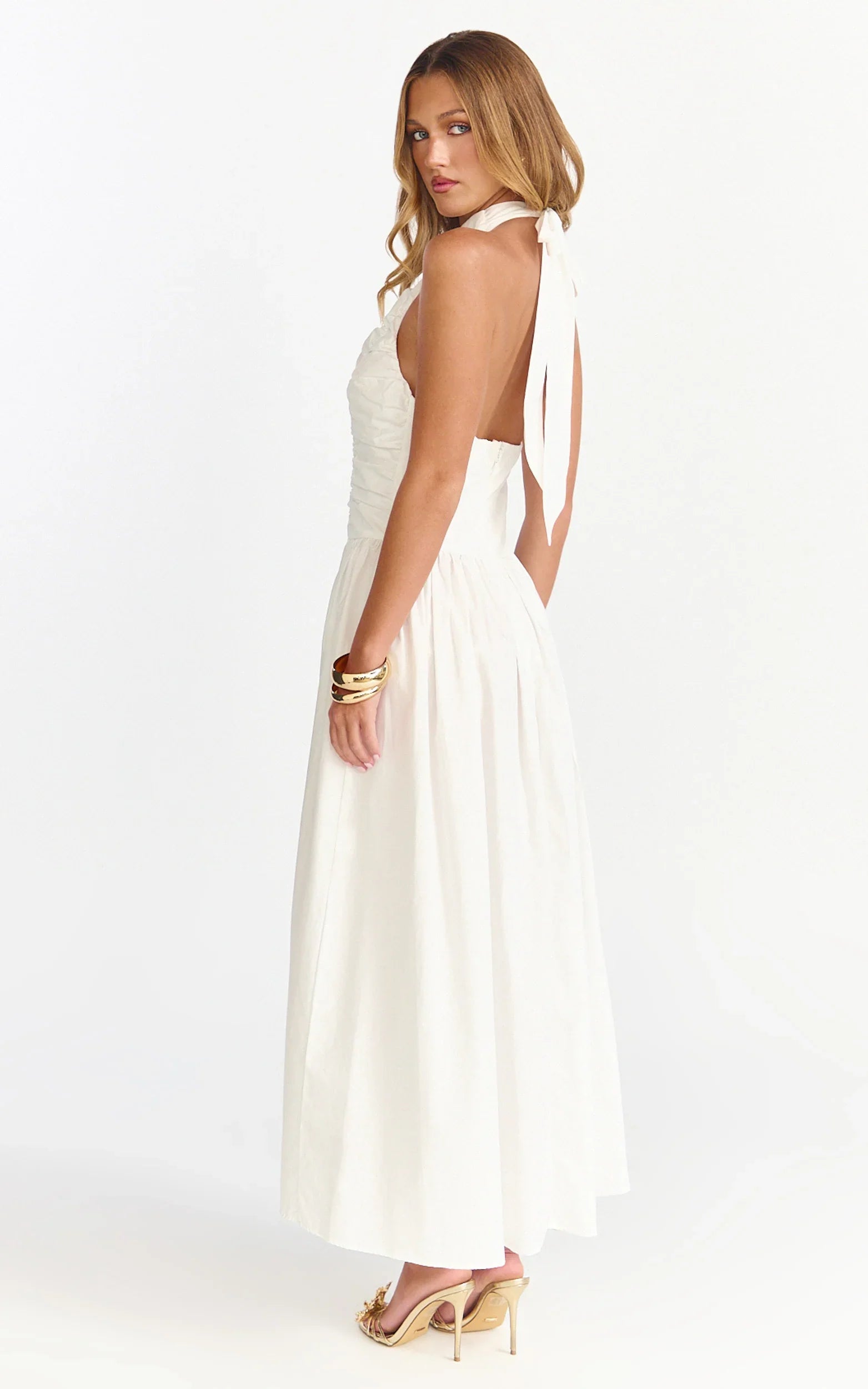 Anya Midi Dress - Halter Neck Ruched Drop Waist Dress in White