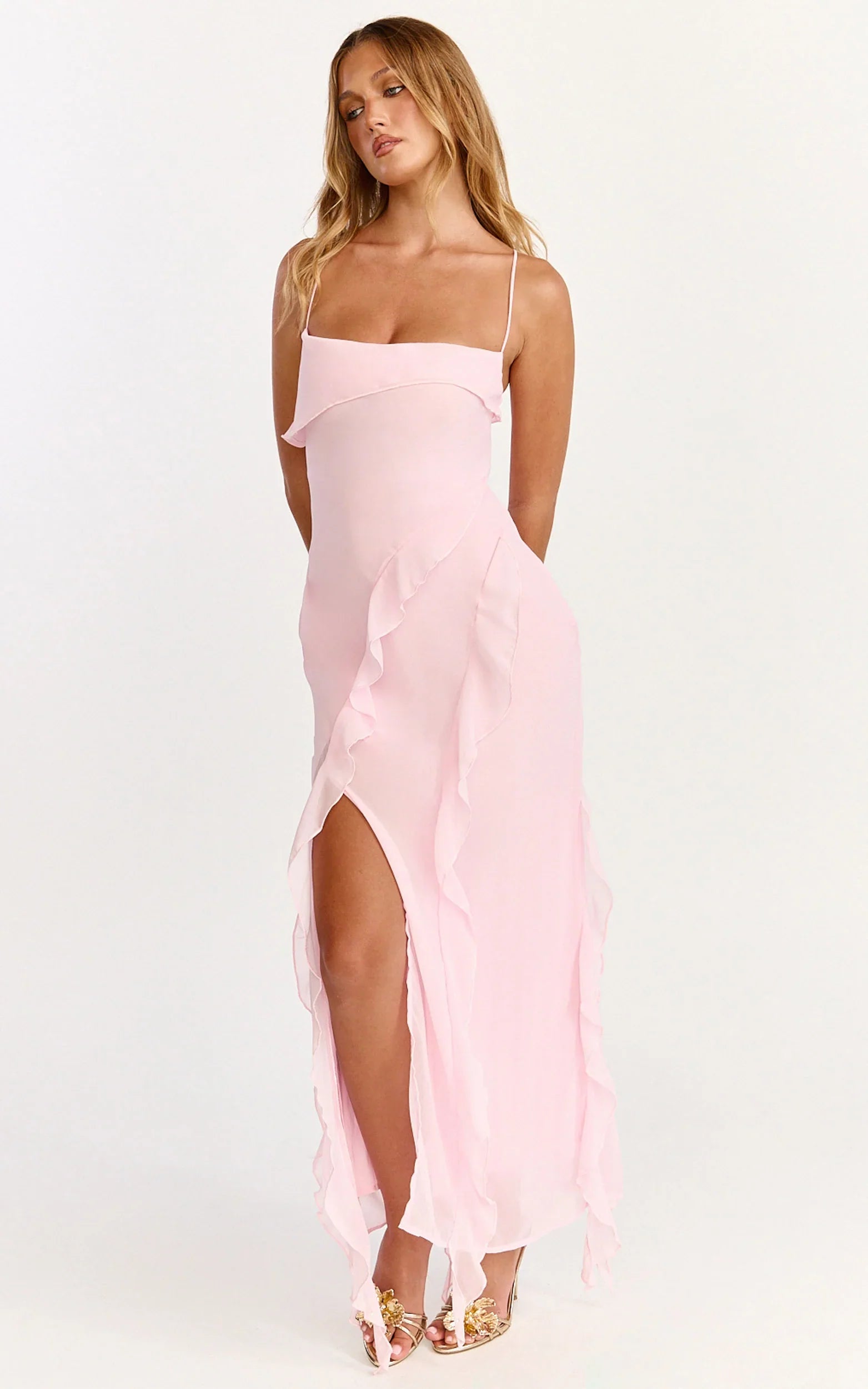 Connie Midi Dress - Ruffle Detail Dress in Pink