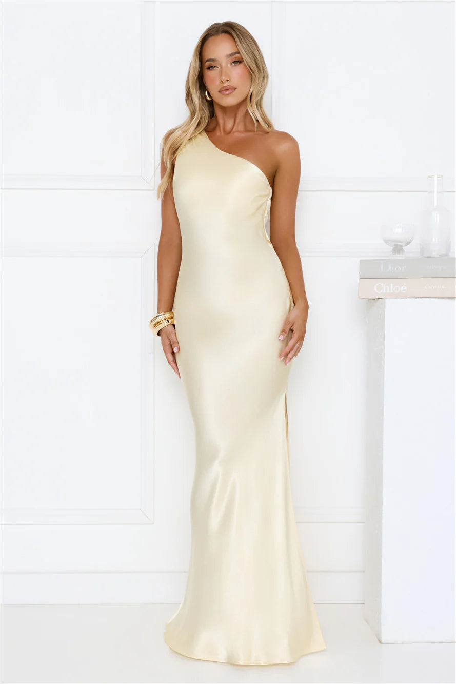 Modern Day Love One Shoulder Satin Maxi Dress Yellow