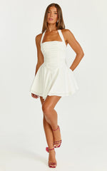 Anya Mini Dress - Halter Neck Gathered Top Drop Waist Fit And Flare Dress in White