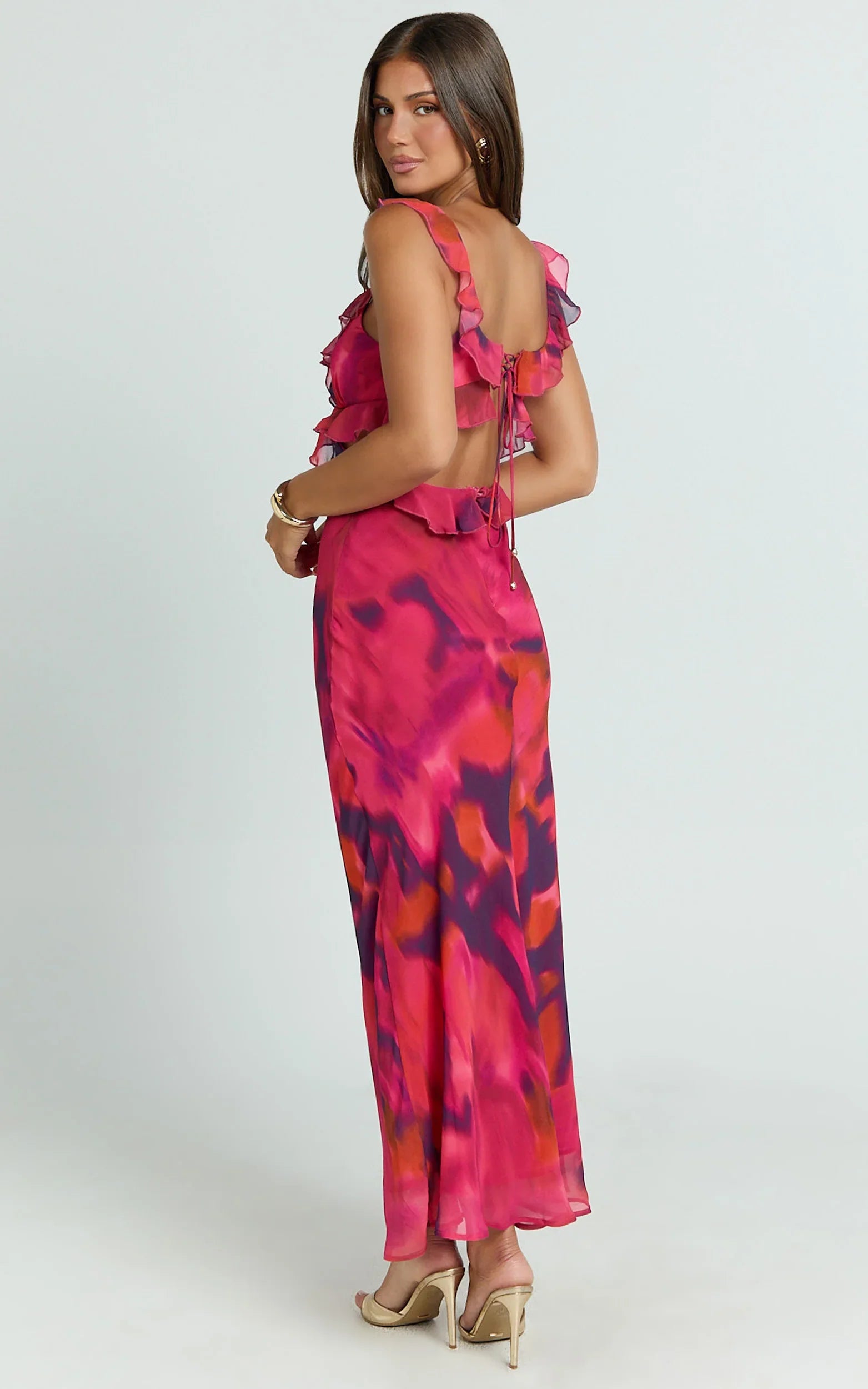 Alessa Maxi Dress - V Neck Frill Detail Empire Waist Back Cut Out Dress in Adeana Print