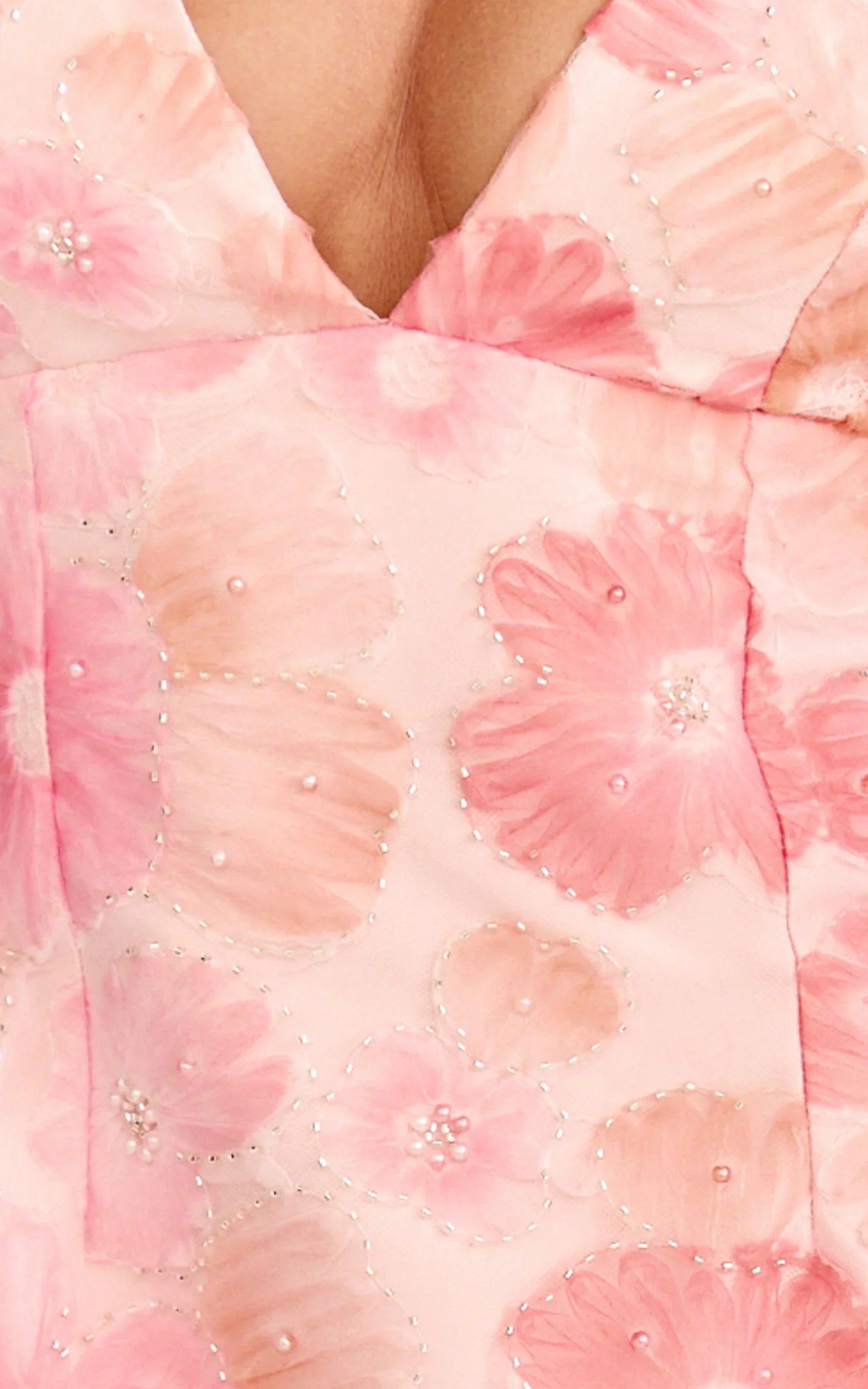 Lima Mini Dress - Plunge Neck Floral Embellished A Line Dress in Pink