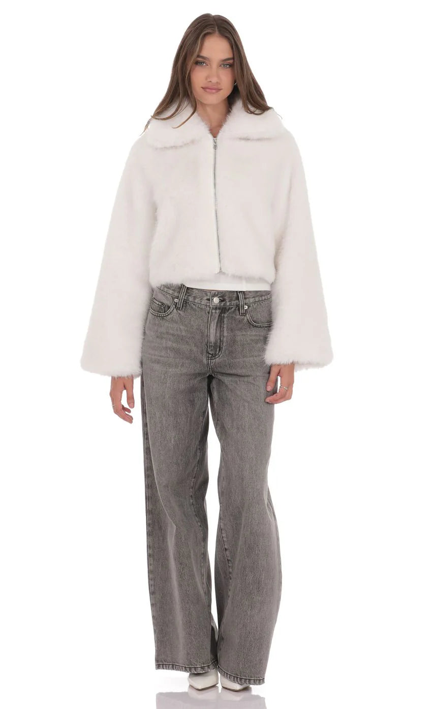 Faux Fur Cropped Jacket in Black
