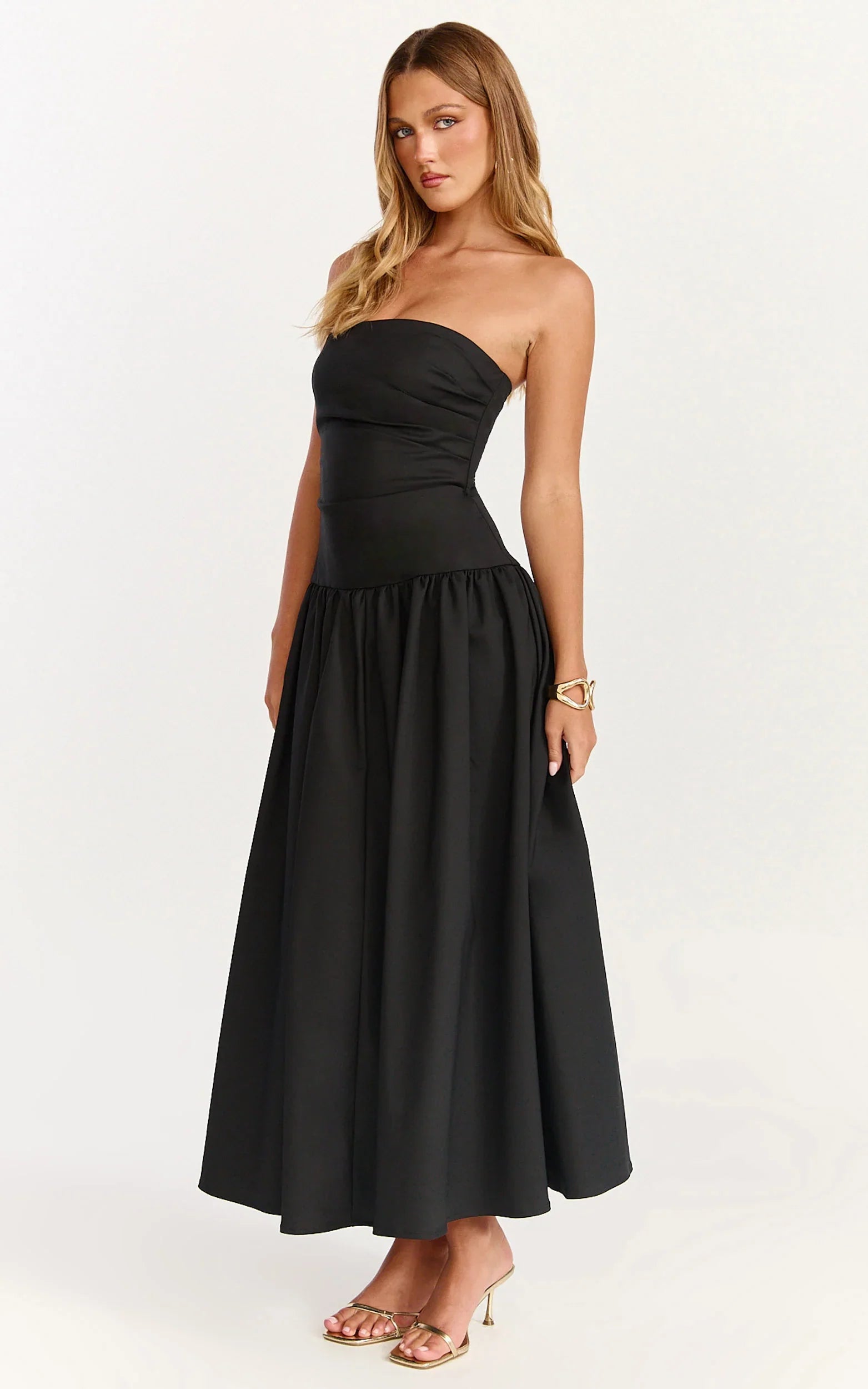 Louisa Maxi Dress - Strapless Side Ruched Dropped Waist Fit And Flare Dress in Black