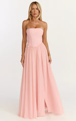 Penny Maxi Dress - Strapless Corset Bodice Floral Embellished Dress in Soft Pink