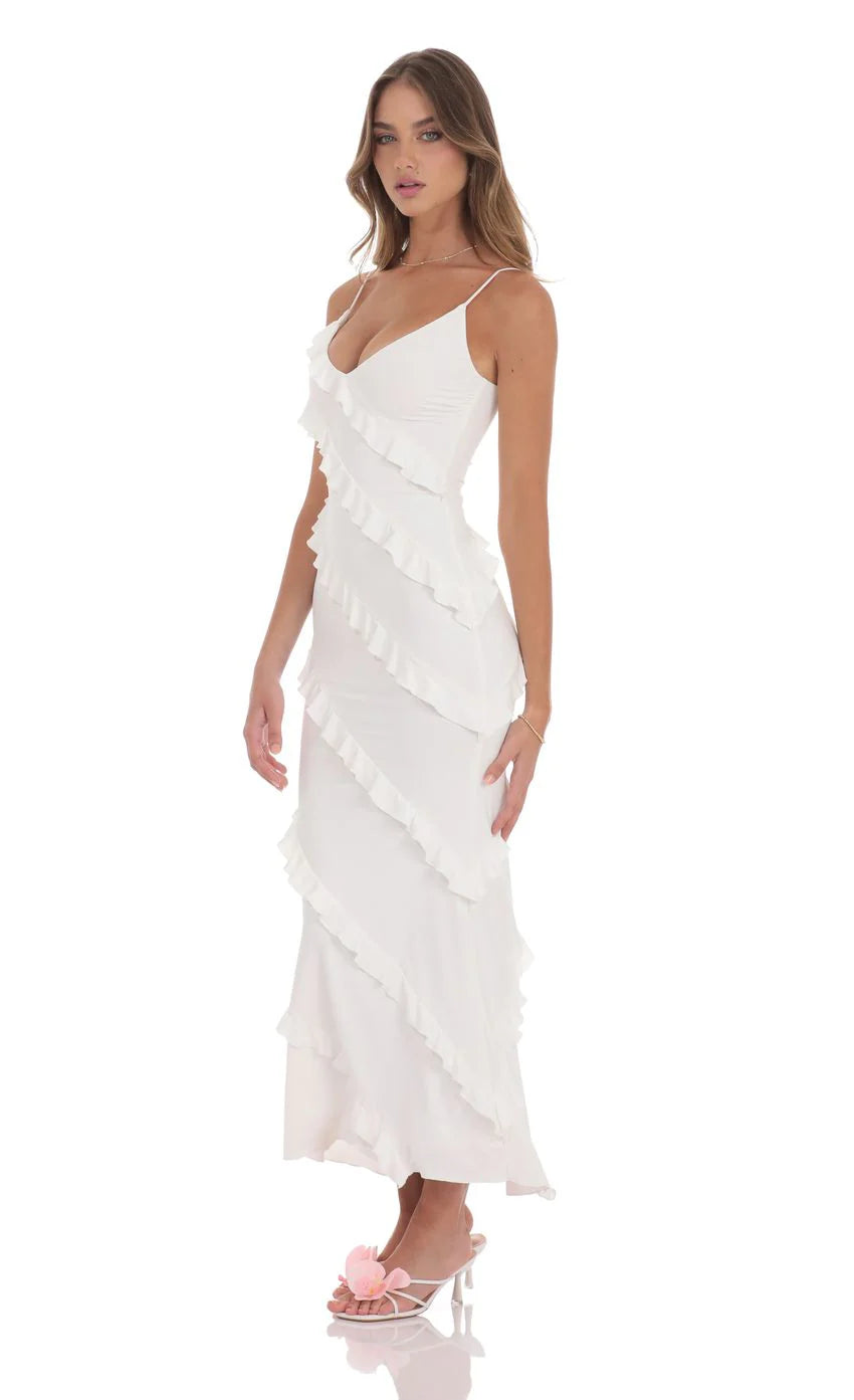 Ruffle V-Neck Maxi Dress in Navy