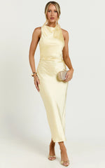 Aluna Midi Dress - High Neck Cross Back Satin Slip Dress in Lemon