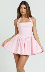 Helda Mini Dress - Halter Tie Neck Corset Panel Dress in Pink
