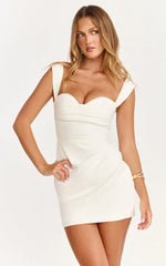 Kenna Mini Dress - Gathered Bust Tucked Waist Dress in Off White