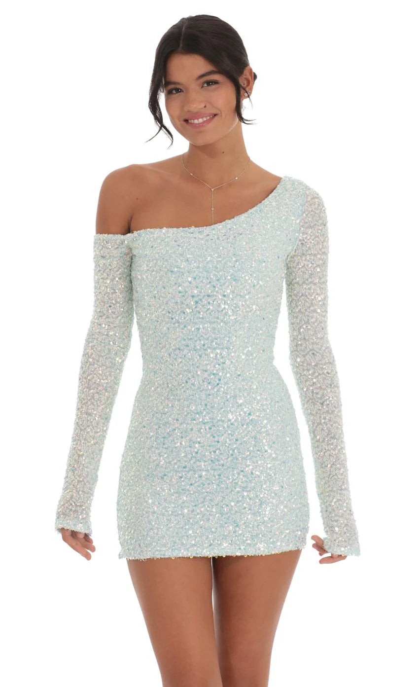 Sequin One Shoulder Bodycon Dress in Mint Blue