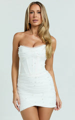 Kelsey Mini Dress - Beaded Strapless Corset Panel Dress with Detachable Tulle Skirt in White