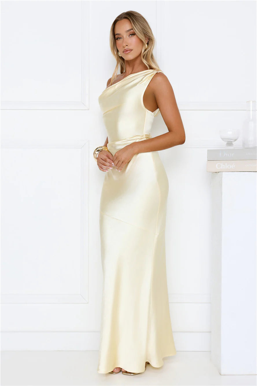 She's A Dream Satin Off Shoulder Maxi Dress Yellow