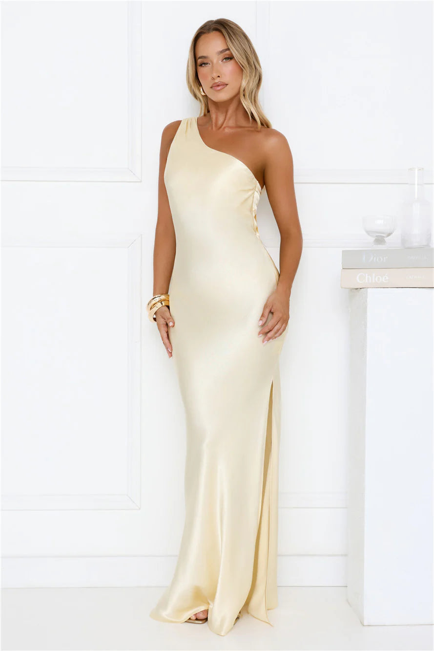 Modern Day Love One Shoulder Satin Maxi Dress Yellow