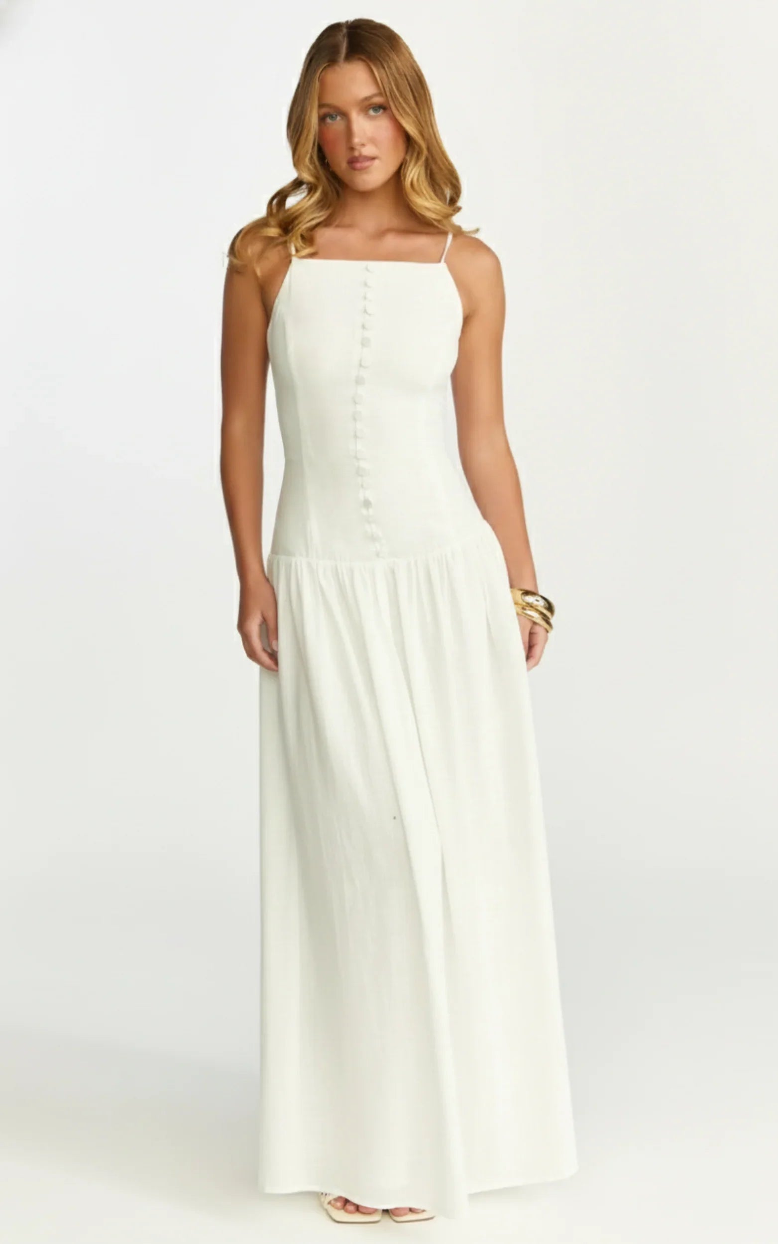 Cortez Maxi Dress - Square Neck Button Down Dropped Waist Dress in White