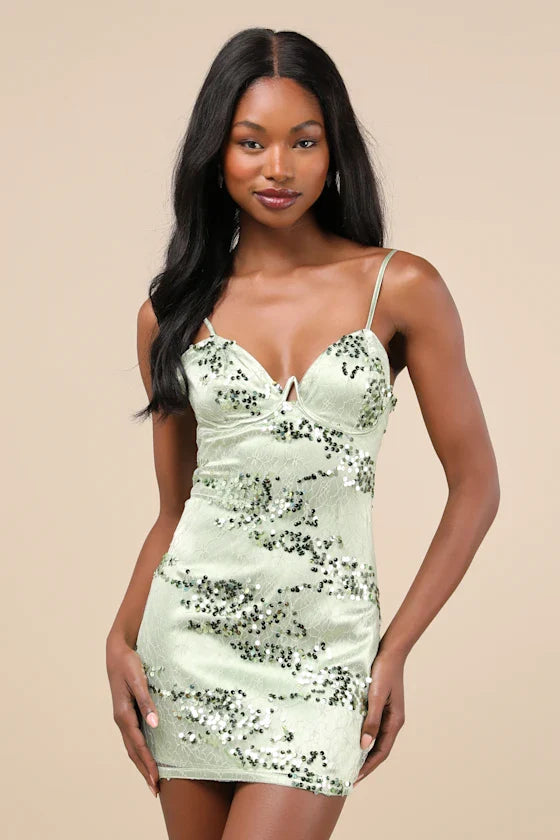 Riveting Shine Light Sage Green Lace Sequin Lace-Up Mini Dress